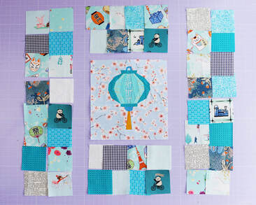 place the fabric squares around the quilt block