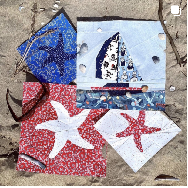 Sailboat quilt block pattern and 3 starfish quilt blocks in red white and blue