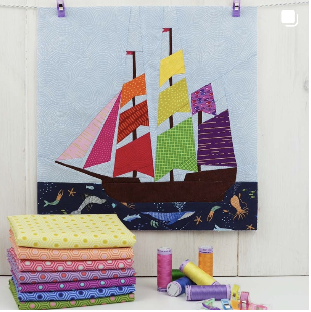 Sailing yacht quilt block in rainbow colors